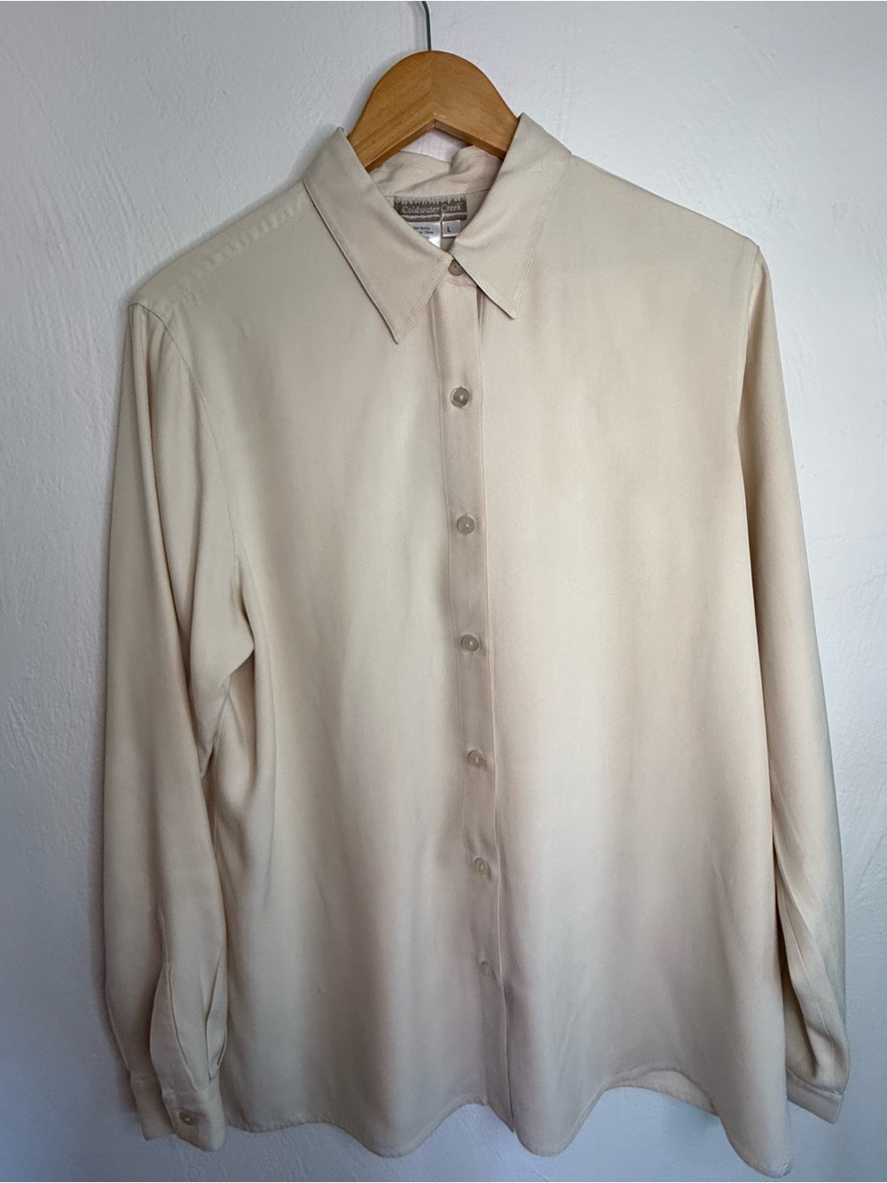 100% Silk Coldwater Creek Men's Cream Button-Front Dress Shirt